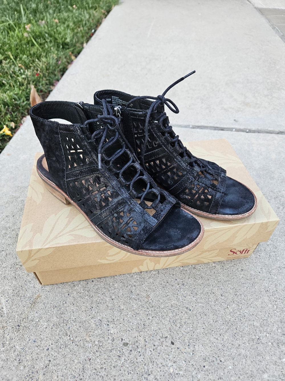 Sofft Black Laser-Cut Lace-Up Open-Toe Sandal Bootie with Side Zip